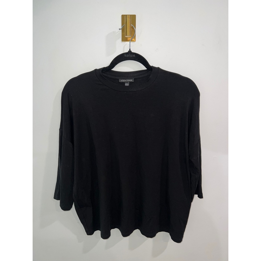 Eileen Fisher Black Quiet Luxury Tencel Stretch Blouse Small Boxy Drop Shoulder